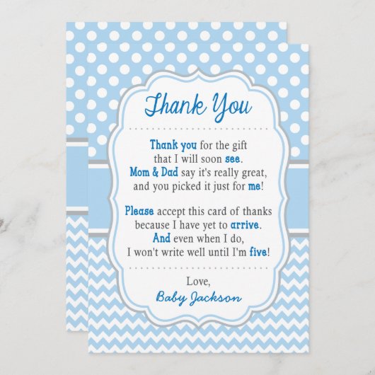 ベビーシャワーのサンキューカード|の空色の水玉模様 サンキューカード (正面/裏面)