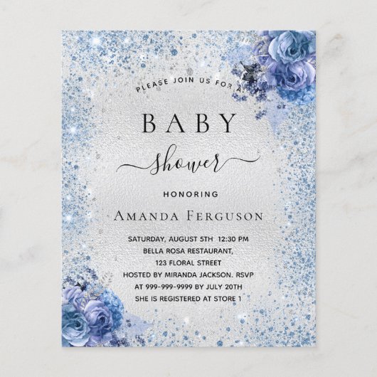 ベビーシャワーのシルバー フラワーブルー 予算 招待状 チラシ (正面)
