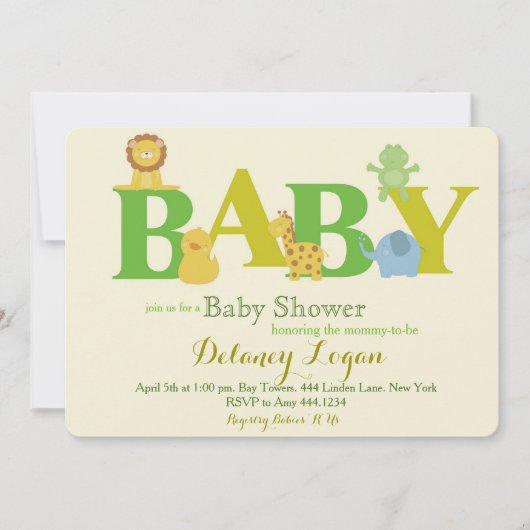 ベビーシャワーのジャングル動物の招待状 招待状 (正面)
