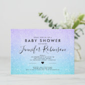 ベビーシャワーのターコイズの紫色のグリッターのペンキ 招待状 (スタンド正面)