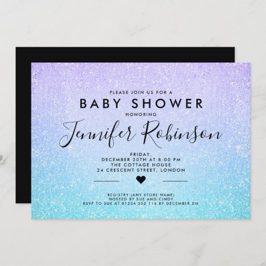 ベビーシャワーのターコイズの紫色のグリッターのペンキ 招待状 (正面/裏面)