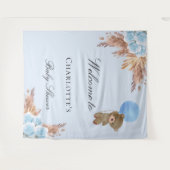 ベビーシャワーのテディベア 男の子 青いパンパス草 タペストリー (正面(横))