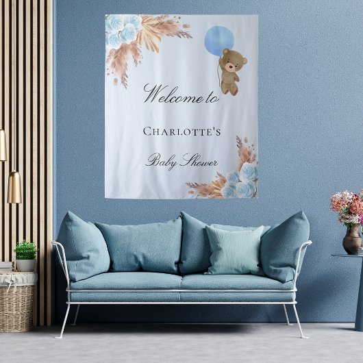 ベビーシャワーのテディベア 男の子 青いパンパス草 タペストリー