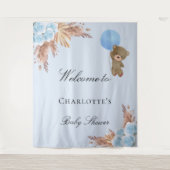 ベビーシャワーのテディベア　男の子　青のパンパスグラス タペストリー (正面)