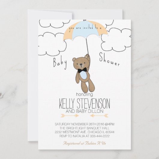 ベビーシャワーのテディー・ベアの招待状の男の赤ちゃんの青 招待状 (正面)