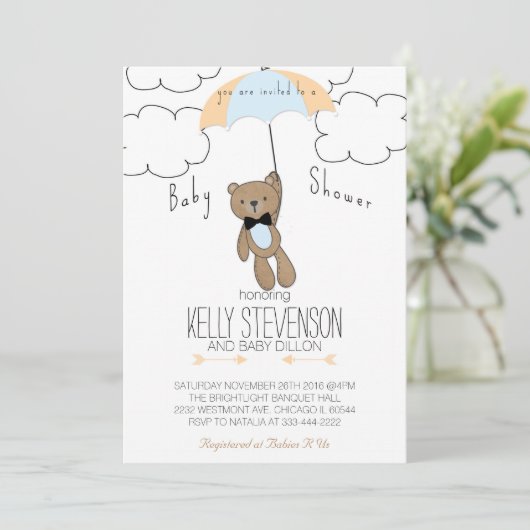 ベビーシャワーのテディー・ベアの招待状の男の赤ちゃんの青 招待状 (スタンド正面)