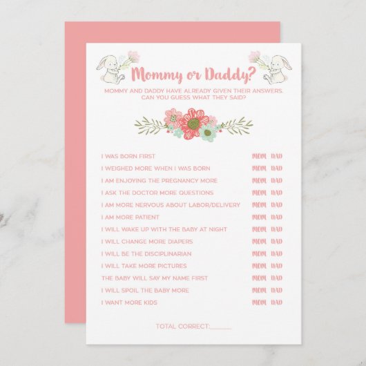 ベビーシャワーのバニーのお母さんまたはお父さんのゲームカード 招待状 (正面/裏面)