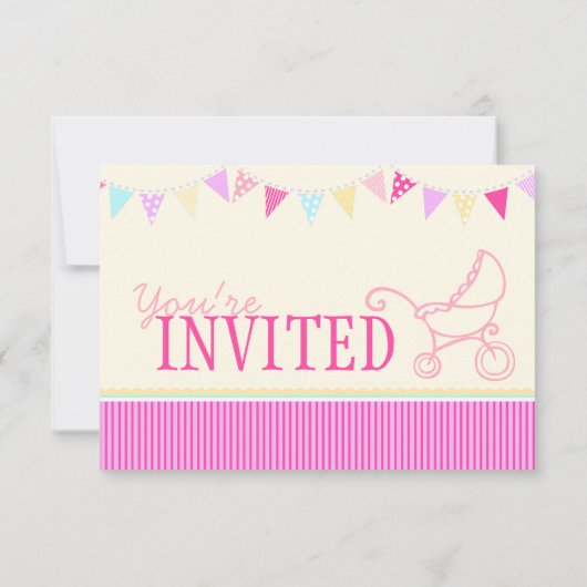 ベビーシャワーのバンティングのベビーカーのピンクの黄色の招待状 招待状 (裏面)