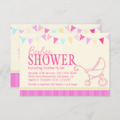 ベビーシャワーのバンティングのベビーカーのピンクの黄色の招待状 招待状 (正面/裏面)