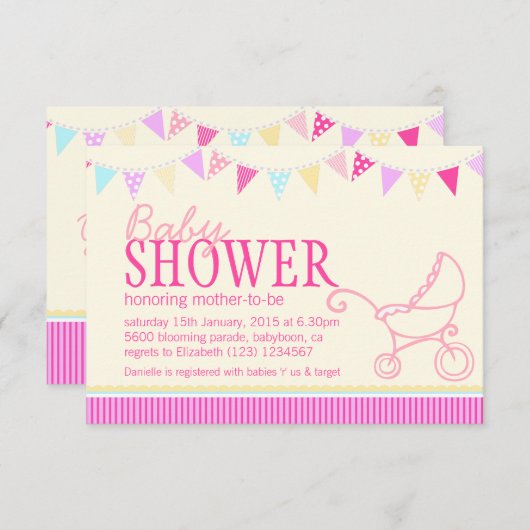 ベビーシャワーのバンティングのベビーカーのピンクの黄色の招待状 招待状 (正面/裏面)