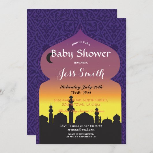 ベビーシャワーのパーティーのアラビアンナイトの招待の紫色 招待状 (正面/裏面)