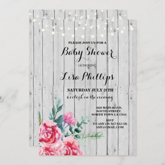 ベビーシャワーのパーティーの素朴なピンクの花の木製の招待 招待状 (正面/裏面)