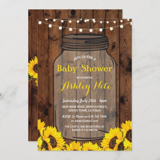 ベビーシャワーのパーティーの素朴な瓶の木製のヒマワリの招待 招待状 (正面/裏面)