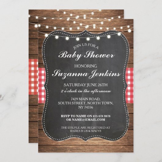ベビーシャワーのパーティーの赤いギンガムの納屋のチョークの招待 招待状 (正面/裏面)