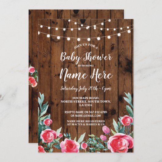 ベビーシャワーのパーティーの赤いバラの花の木製の招待 招待状 (正面/裏面)