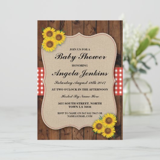ベビーシャワーのヒマワリの木製のバーラップの花の招待 招待状 (スタンド正面)
