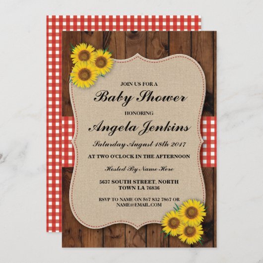 ベビーシャワーのヒマワリの木製のバーラップの花の招待 招待状 (正面/裏面)