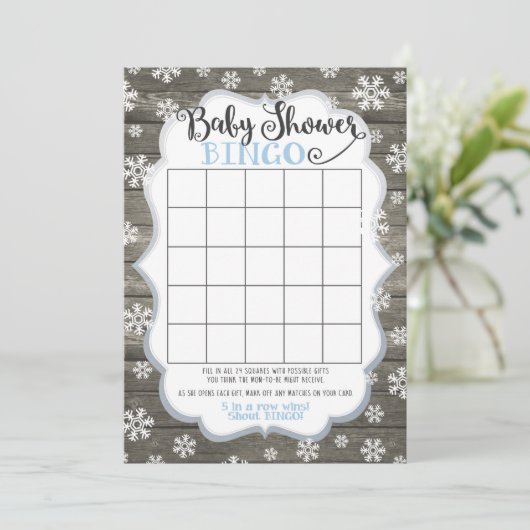 ベビーシャワーのビンゴのゲームカード少し雪片の青 招待状 (スタンド正面)