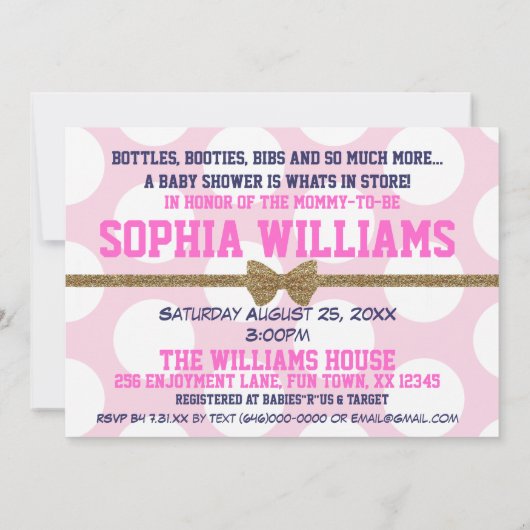 ベビーシャワーのピンクによってインスパイア招待状の金ゴールドのグリッター 招待状 (裏面)