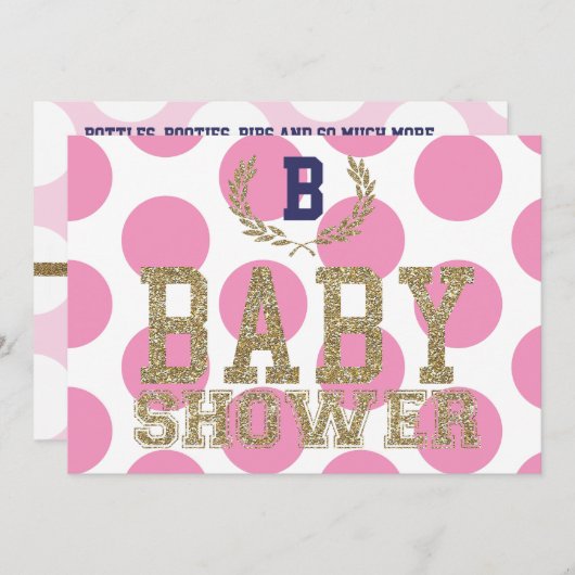 ベビーシャワーのピンクによってインスパイア招待状の金ゴールドのグリッター 招待状 (正面/裏面)