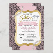ベビーシャワーのピンクのグリッターの弓は女の子の招待を結び付けます 招待状 (正面/裏面)