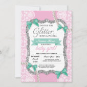 ベビーシャワーのピンクのレースのグリッターの弓女の子のお母さんの招待 招待状 (正面)