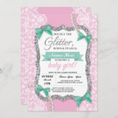 ベビーシャワーのピンクのレースのグリッターの弓女の子のお母さんの招待 招待状 (正面/裏面)