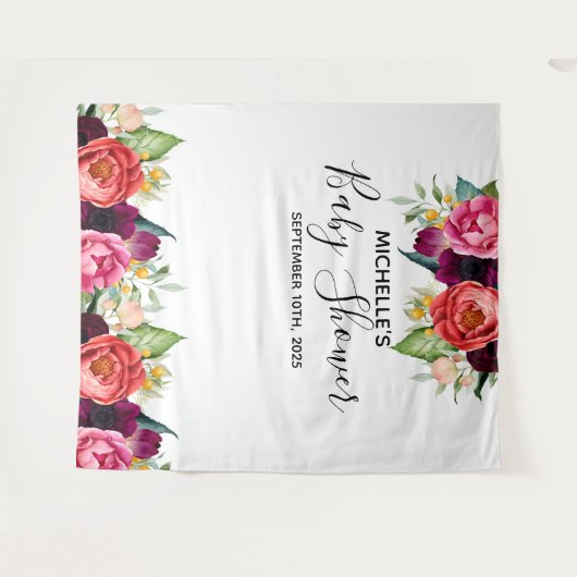 ベビーシャワーのピンクの花の白い写真の背景 タペストリー (正面(横))