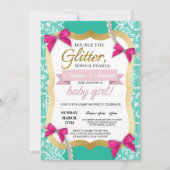 ベビーシャワーのミントのレースの金ゴールドは弓女の子の招待を真珠で飾ります 招待状 (正面)