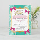 ベビーシャワーのミントのレースの金ゴールドは弓女の子の招待を真珠で飾ります 招待状 (スタンド正面)