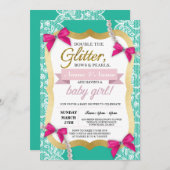 ベビーシャワーのミントのレースの金ゴールドは弓女の子の招待を真珠で飾ります 招待状 (正面/裏面)