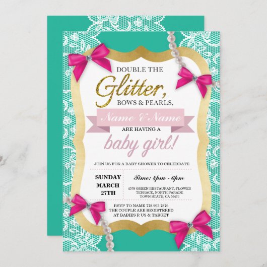 ベビーシャワーのミントのレースの金ゴールドは弓女の子の招待を真珠で飾ります 招待状 (正面/裏面)