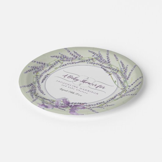 ベビーシャワーのリースのラベンダーの花柄の水彩画 ペーパープレート (アングル)