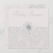 ベビーシャワーのヴィンテージのペイズリーのレース、花及び真珠 招待状 (正面/裏面)