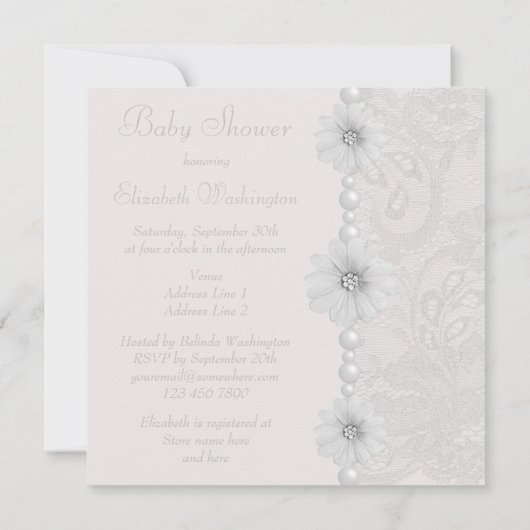 ベビーシャワーのヴィンテージのペイズリーのレース、花及び真珠 招待状 (裏面)