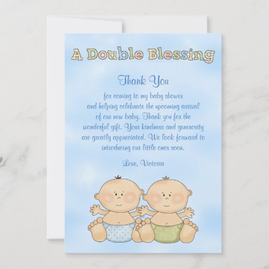 ベビーシャワーの双生児の男の子 サンキューカード (正面)