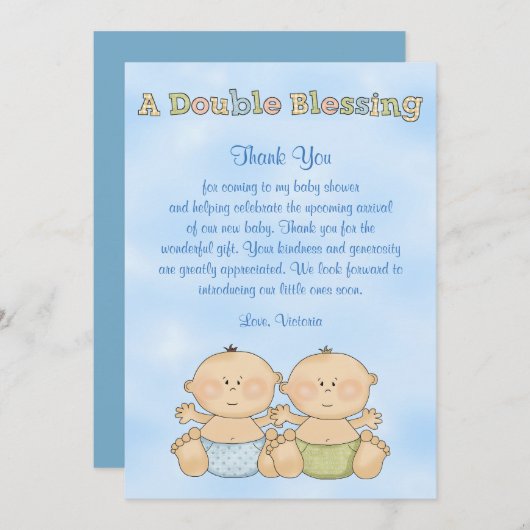 ベビーシャワーの双生児の男の子 サンキューカード (正面/裏面)