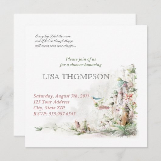 ベビーシャワーの女の子のおとぎ話の森林かわいいカード 招待状 (正面/裏面)