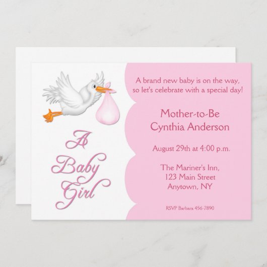 ベビーシャワーの女の子のピンクのこうのとり 招待状 (正面/裏面)