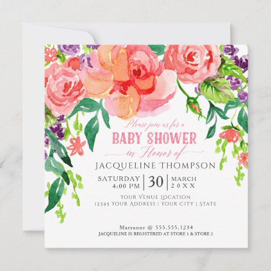 ベビーシャワーの女の子の水彩画のモダンで明るい花柄 招待状 (正面)