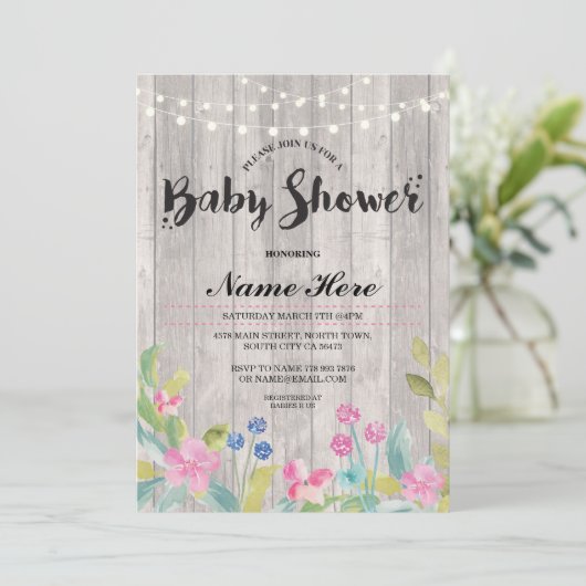 ベビーシャワーの女の子または男の子木製の花ライト招待 招待状 (スタンド正面)