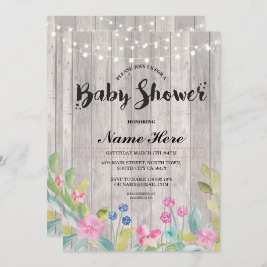 ベビーシャワーの女の子または男の子木製の花ライト招待 招待状 (正面/裏面)