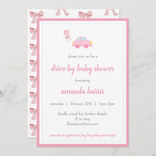 ベビーシャワーの女の子を車で送る 招待状 (正面/裏面)