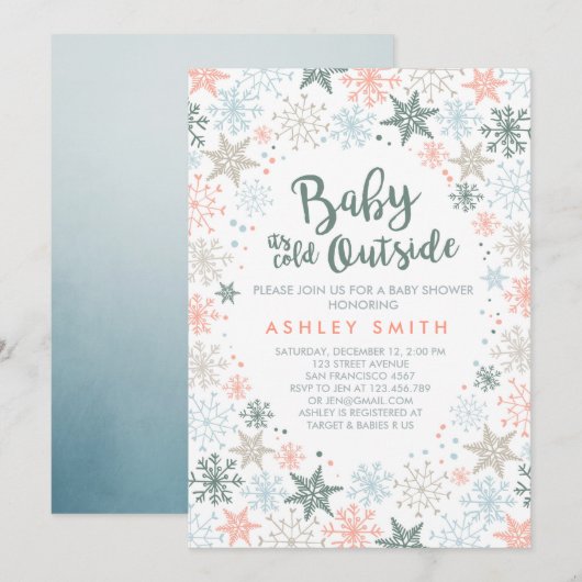 ベビーシャワーの招待それは冷たい外の雪片です 招待状 (正面/裏面)
