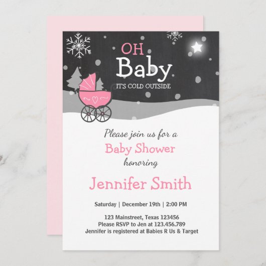 ベビーシャワーの招待の女の子の冬の冷たい外のピンク 招待状 (正面/裏面)