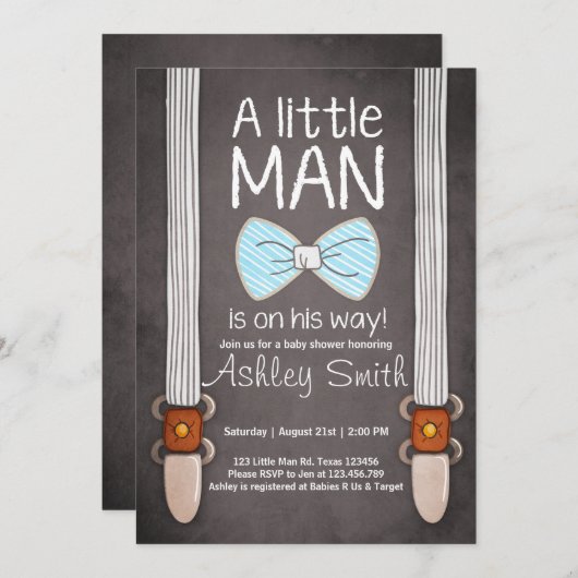 ベビーシャワーの招待の小さい人のちょうネクタイの茶色がかった鋼色 招待状 (正面/裏面)