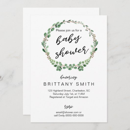 ベビーシャワーの招待の緑の草木は包みます 招待状 (正面/裏面)