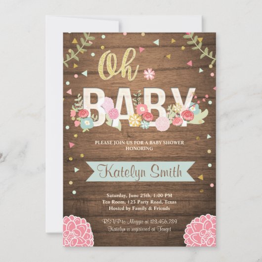 ベビーシャワーの招待の花の素朴な木製の庭 招待状 (正面)