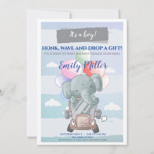 ベビーシャワーの招待客に象車で乗る少年 招待状 (正面)