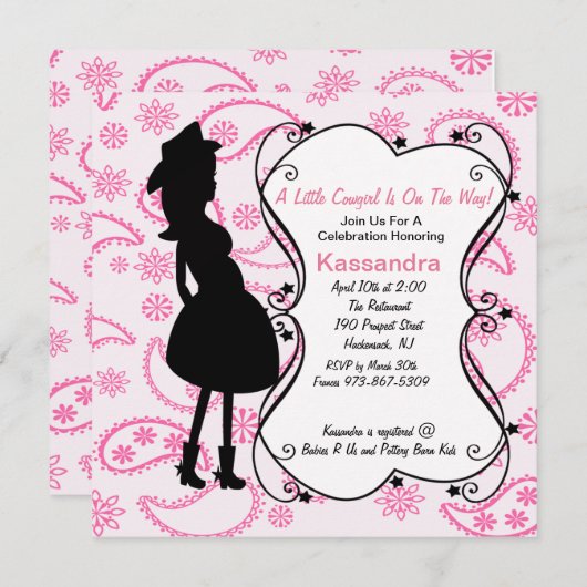 ベビーシャワーの招待状がある女性のカーボーイの妊娠したママ 招待状 (正面/裏面)